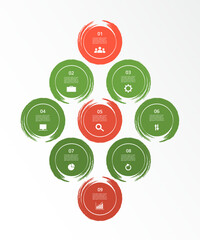 Green infographic template with 9 steps, options, parts or processes. Presentation of teamwork or business processes.
