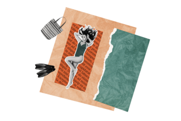 Composite photo collage of beautiful girl lie sunbath beach resort swim equipment flippers bag enjoy vacation isolated on painted background