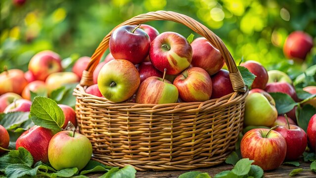 Basket of fresh red and green apples in orchard
