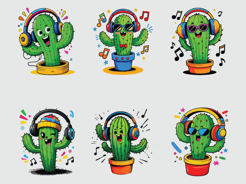 Happy cartoon cacti enjoying music with headphones fun characters for digital art