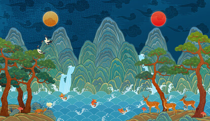 Traditional Korean folk painting, The Sun, the Moon, and the Five Mountains, a large-scale interior decoration illustration. Ilwol Obongdo. 한국 전통 민화, 일월오봉도 일러스트