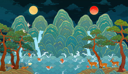 Traditional Korean folk painting, The Sun, the Moon, and the Five Mountains, a large-scale interior decoration illustration. Ilwol Obongdo. 한국 전통 민화, 일월오봉도 일러스트