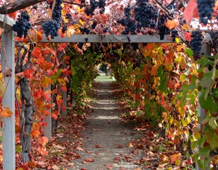 Colorful autumn grape vines creating a tunnel in vineyard