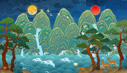 Traditional Korean folk painting, The Sun, the Moon, and the Five Mountains, a large-scale interior decoration illustration. Ilwol Obongdo. 한국 전통 민화, 일월오봉도 일러스트