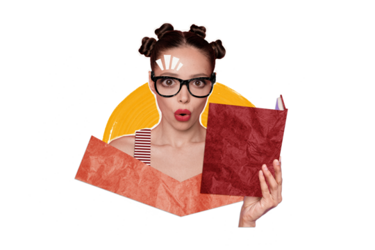 Composite photo collage of astonished shocked girl hold open book read story unexpectedness bookworm hobby isolated on painted background