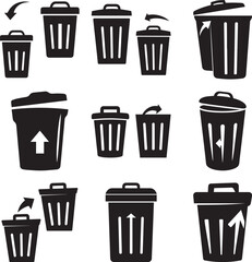 A set of Garbage waste container silhouette vector, black and white silhouette vector illustration