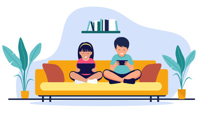 Happy children sitting together on a sofa, enjoying some screen time with their digital devices in a flat design vector illustration