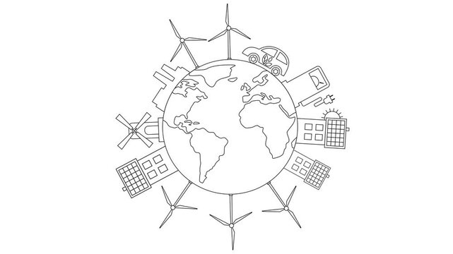 Animated linear black icon of green energy city on circle planet. Line symbol. Concept of Sustainability, environment, renewable energy, green technology. Illustration isolated on white background. 