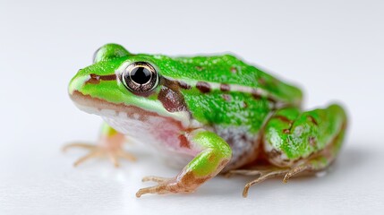 Green and Brown Frog Isolated on White Surface Looking Forward Detail Shot