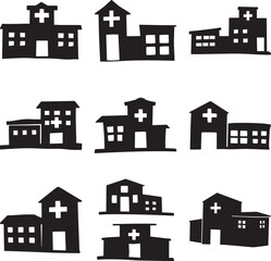 A set of building with cross symbol hospital medical silhouette vector, black and white silhouette vector illustration