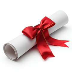 Rolled certificate tied with red satin ribbon bow white background