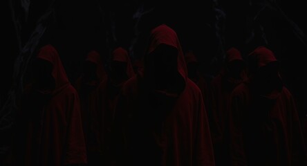 Mysterious figures in red hooded robes, dark background, suspenseful, cinematic, dramatic lighting, horror, thriller, occult, mystery, secretive, anonymous, enigmatic, shadowy, dark art, fantasy,