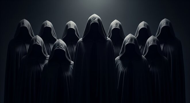 Mysterious figures in dark hooded cloaks, ominous and secretive group, shadowy figures, fantasy, occult, horror, thriller, dark art, mysterious figures.