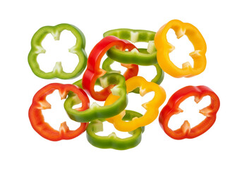 Vibrant Bell Pepper Rings: Fresh Red, Green, Yellow Slices Isolated on White for Healthy Food & Cooking