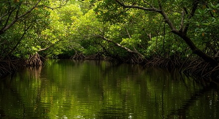 Fototapeta premium Mangrove Forest Waterway Surrounded by Green Leafy Trees Under Sunlit Sky