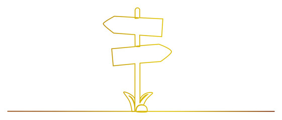 One Continuous line drawing of Road direction signpost arrows to the right and left and plate.Vector illustration for web banner, design template, postcard