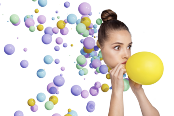 Creative picture collage young girl head part face hands blow air balloon colorful 3d bubbles virtual reality simulation drawing background