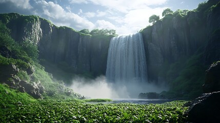 Magnificent waterfall cascading into a serene pool, surrounded by lush greenery and rocky cliffs, creating a tranquil and picturesque natural oasis