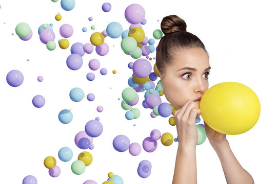Creative picture collage young girl head part face hands blow air balloon colorful 3d bubbles virtual reality simulation drawing background