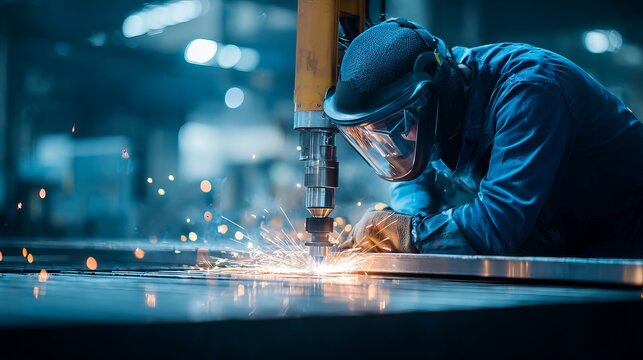 CNC laser operator checks cutting head of machine Metalworking industry process and professional equipment