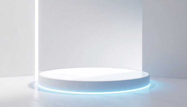 A futuristic glass podium with neon blue highlights in a cyberpunk room. Product display podium design, perfect for presenting merchandise, cosmetics, electronics.