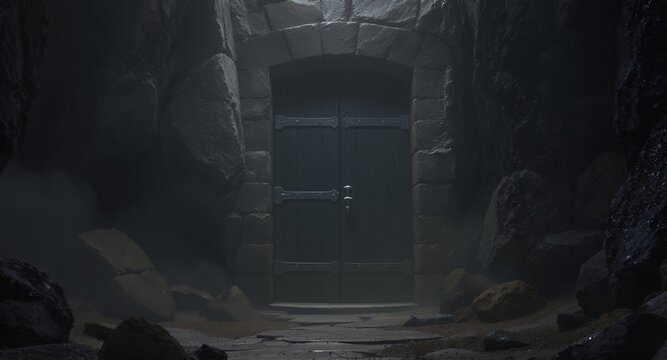 Mysterious stone door in a dark cave, fantasy game background, 3D rendering