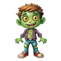 Cartoon Zombie Boy: A cartoon zombie boy with green skin and torn clothes, smiling, Halloween style, PNG.
