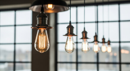 Warmly Lit Vintage Edison Bulbs Hanging in a Row Against Industrial-Style Window Panels, Showcasing a Blend of Retro Elegance and Modern Architectural Ambiance in a Softly Illuminated Interior Space