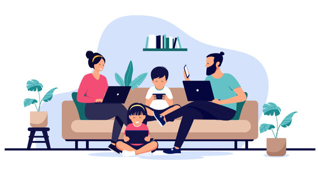A happy family sits on a sofa, with the parents and children all using their own digital devices and being online connected to the internet in a flat design vector illustration
