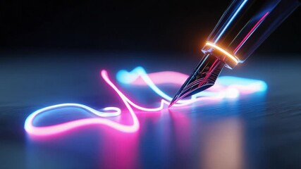 Nostalgic fountain pen with ornate nib draws a continuous glowing neon signature across a dark reflective surface, merging vintage calligraphy with cyberpunk futurism - Powered by Adobe