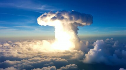 Powerful cumulonimbus cloud formation rising dramatically above layered cloud landscape, revealing intricate vertical structure illuminated by brilliant sunlight from high-altitude perspective. - Powered by Adobe