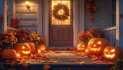Obraz premium Generated image 灯るジャックオーランタンとキャンドルで彩られた秋のハロウィン玄関風景