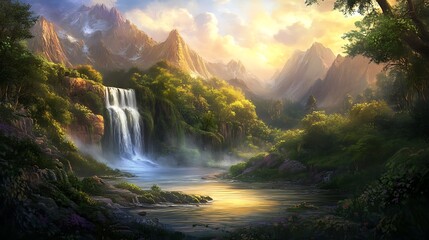 Fototapeta premium A breathtaking landscape painting showcases a majestic waterfall cascading into a serene river surrounded by lush greenery and towering mountains