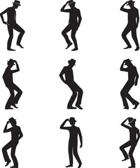 A group of Man dancing with a hat black and white silhouette vector illustration