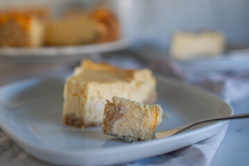 Homemade New York style cheesecake on white plate
