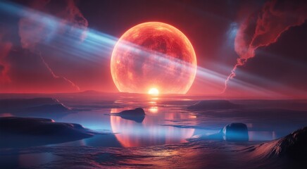 Fototapeta premium Alien Planet Landscape with Giant Red Sun and Reflective Water