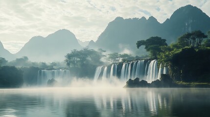 Fototapeta premium Ban gioc waterfall in the early morning mist, a serene landscape of cascading water and lush greenery in cao bang province, vietnam