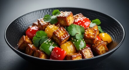 Spicy Crispy Tofu with Fresh Vegetables and Sesame Seeds