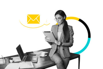 Composite photo collage of serious businesswoman surf tablet device office freelance workplace notification isolated on painted background