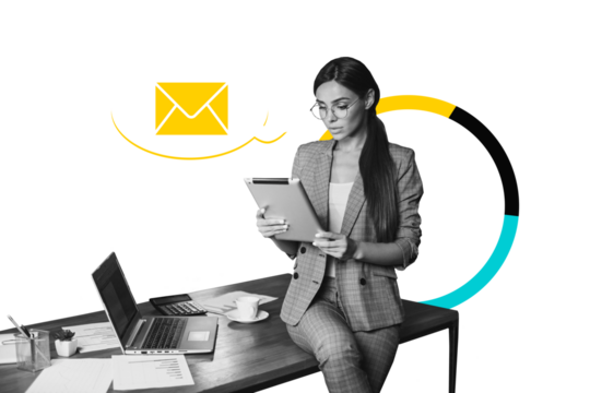 Composite photo collage of serious businesswoman surf tablet device office freelance workplace notification isolated on painted background