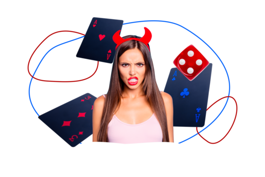 Composite photo collage of angry girl wear devil horns headband casino loser cards problem game over dice isolated on painted background