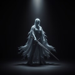 Spectral Figure with Sword, Dark Fantasy Illustration, Mysterious Woman, Digital Art