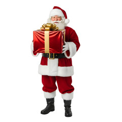 Santa claus holding a large gift box isolated on transparent background