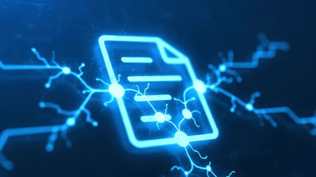 Glowing Blue Digital Document Icon Surrounded by Neural Network Connections Symbolizing Artificial Intelligence, Data Processing, and Futuristic Innovation Against Dark Background