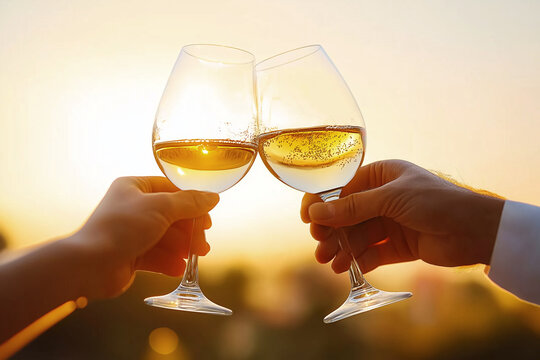Golden Wine Toast Against Sunset - Powered by Adobe