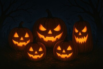Obraz premium Glowing jack-o'-lanterns in darkness.