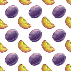 Watercolor seamless pattern with ripe plums on a white background. Botanical illustration of whole and pieces of seasonal fruits for use in cooking or gardening.