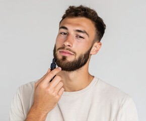 Obraz premium Close-up of a man applying beard oil, showcasing a thoughtful expression and a neutral backdrop.