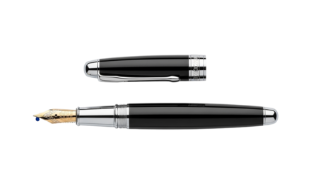 Elegant black fountain pen with cap isolated on transparent background