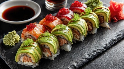 Assorted sushi rolls on black slate with avocado, salmon, and roe, garnished with pickled ginger and wasabi